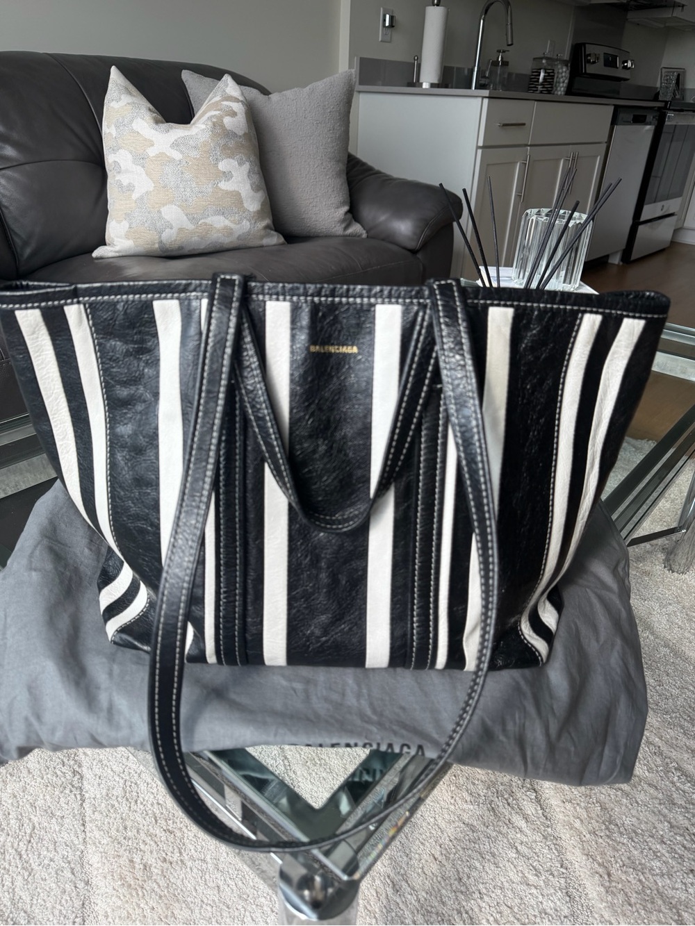 Balenciaga Black & White Vertical Stripe Leather Tote - Picture 1 of 5